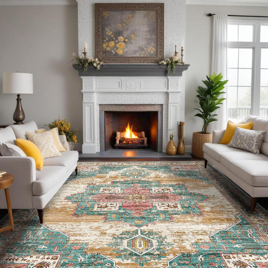 RUUGME Washable 9x12 Area Rugs - Large Rugs for Living Room Stain Resistant Carpet Vintage Rugs for Bedroom with Non Slip Backing Home Decor Floor Decoration Mat (9x12 Green) (9ft x 12ft)