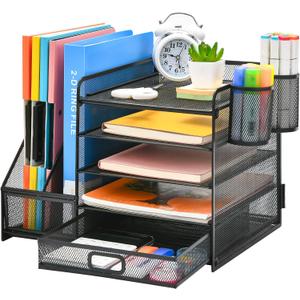 Marbrasse Desk Organizer with File Holder, 5-Tier Paper Letter Tray Organizer with Drawer and 2 Pen Holder, Mesh Desktop Organizer and Storage with Magazine Holder for Office Supplies(Black)