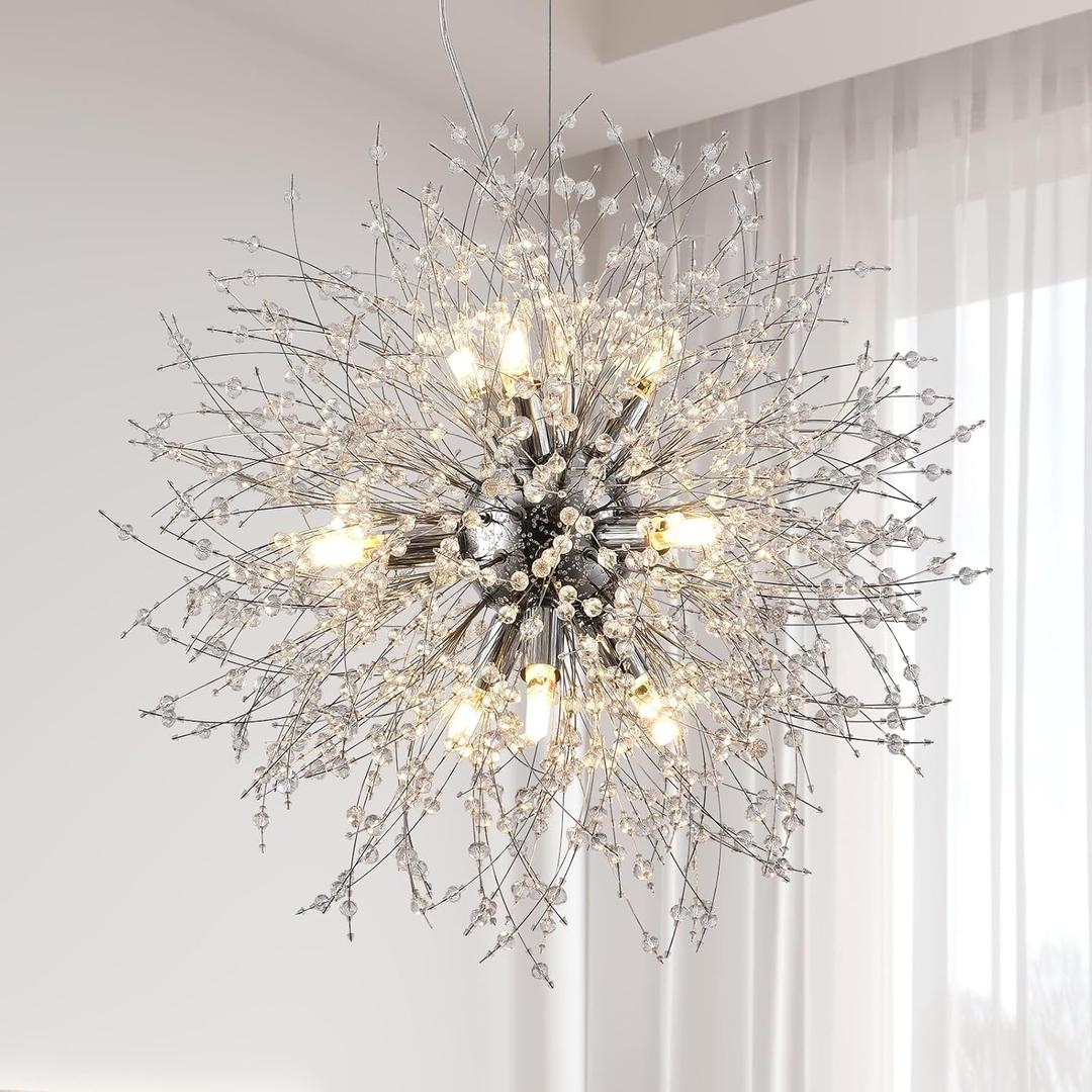 Sputnik Dining Room Chandelier, Modern Dandelion Hanging Lamp, Crystal Beaded Lighting, Round 9-Light Pendant Light Fixtures for Kitchen Island Bedroom Living Room Entryway (Chrome, D19.6inch)
