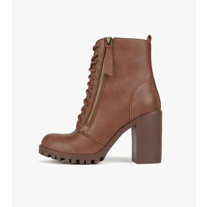 Soda Malia Round Toe Stacked Lug Heel Lace Up Ankle Booties, 7, Cognac Pu