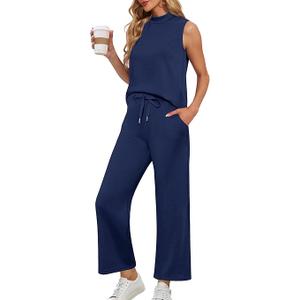 Two Piece Sets for Women Summer Mock Neck Sleeveless Top Crop Wide Leg Pants Lounge Sets Vacation Travel Outfits Size L