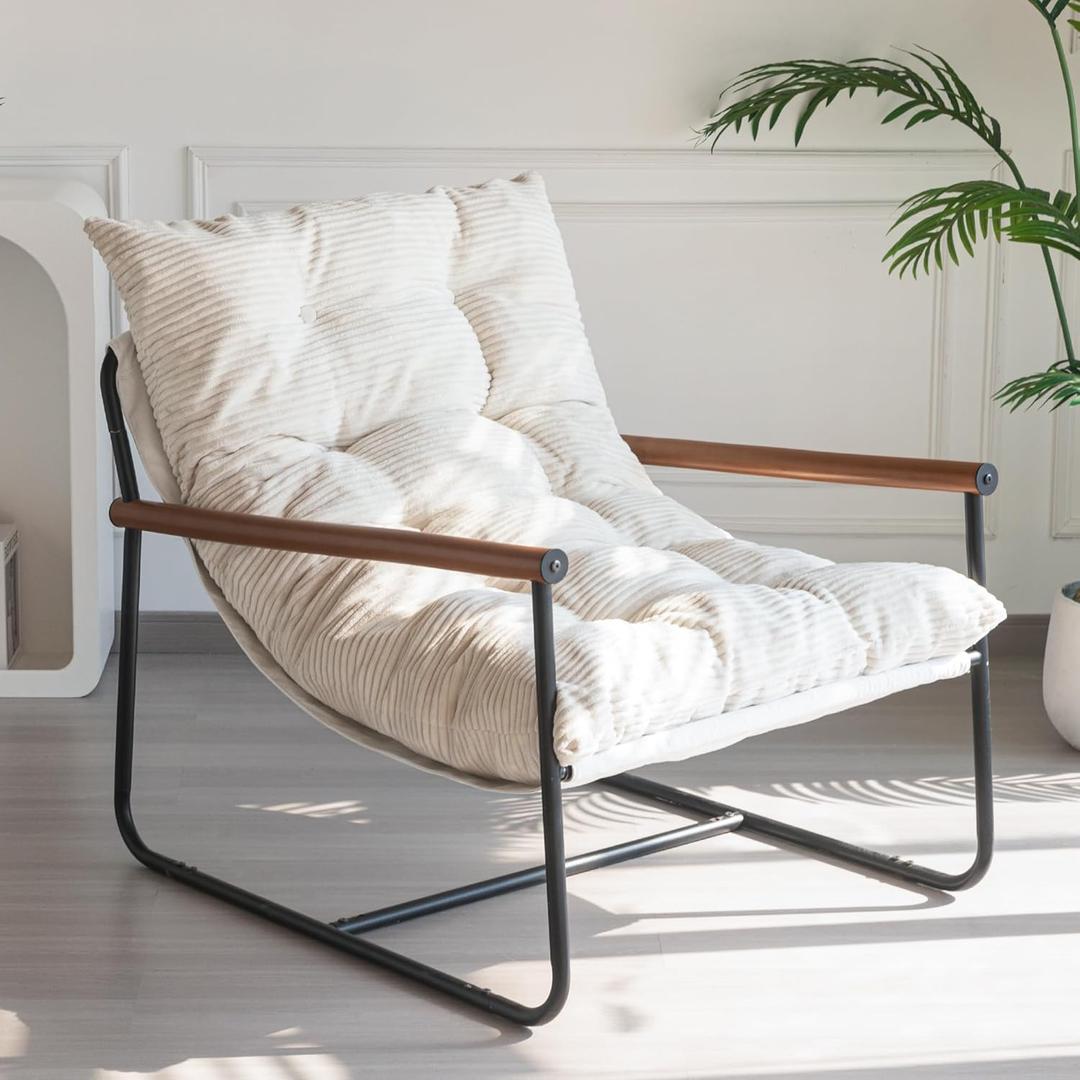 MAXYOYO Modern Accent Chair, Comfy Living Room Chair with Metal Frame Wooden Armrest, Upholstered Armchair with Soft Cushion for Bedroom Balcony Lounge Reading Room, Beige (Standard, Beige (Corded Fabric))