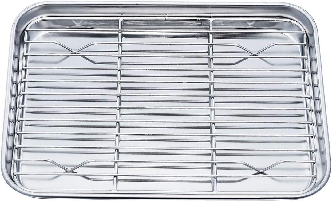 TeamFar Toaster Oven Pan Tray with Cooling Rack, Stainless Steel Toaster Ovenware Pan, Compact 8''x10.5''x1'', Healthy & Non Toxic, Rust Free & Easy Clean - Dishwasher Safe