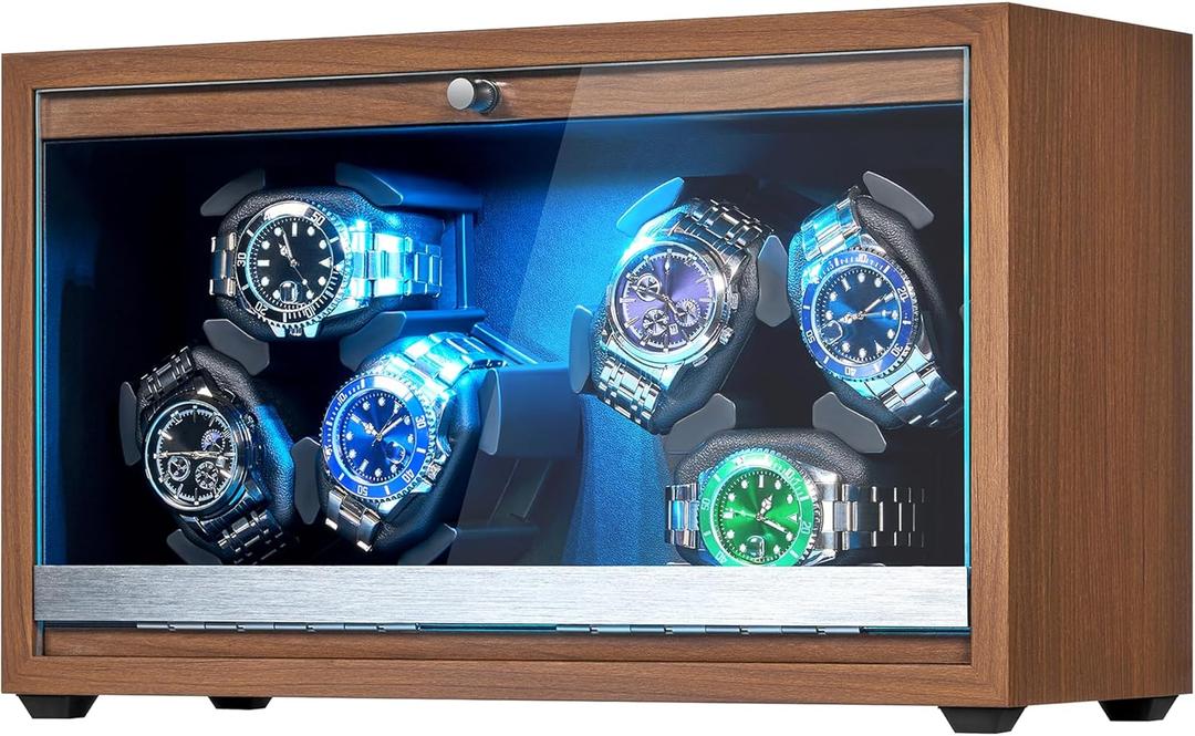 ANWBROAD Watch Winder 6 with LED and Super Quiet Motor 4 Rotating Modes Watches Winder box Watch Shaker with Type-C Adapter UJWW003A