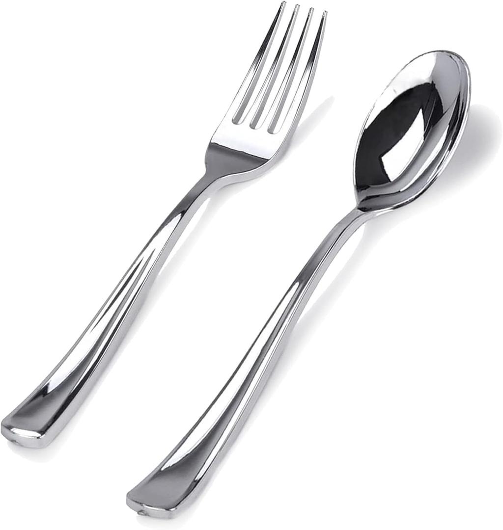 BUCLA 200 Pieces Silver Plastic Silverware - Heavy Duty Disposable Cutlery set - 100 Silver Plastic Forks, 100 Disposable Spoons for Catering, Parties, Dinners, Weddings and Christmas