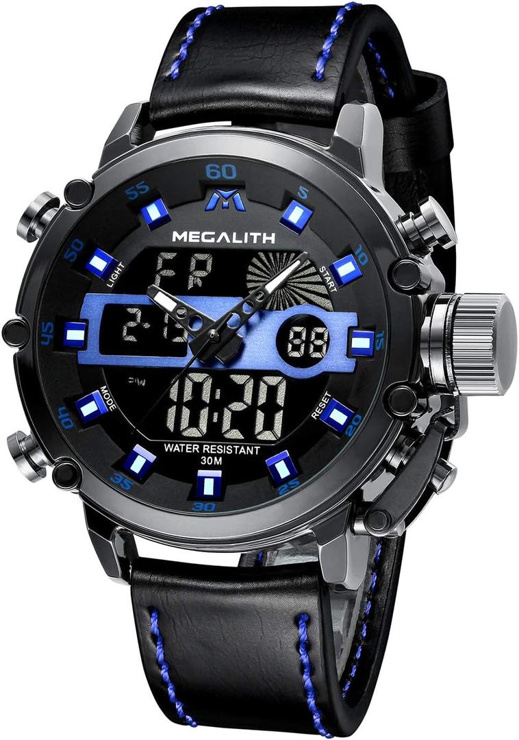 MEGALITH Mens Watches Waterproof Digital Military Sport Tactical Multifunction Heavy Duty Led Rugged Watch for Men, Alarm Stopwatch, Nylon/Leather Strap (6-Black Blue)