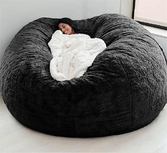 Giant Fur Bean Bag Chair Cover for Kids Adults, (No Filler) Living Room Furniture Big Round Soft Fluffy Faux Fur Beanbag Lazy Sofa Bed Cover (Black, 6FT)
