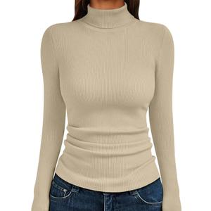 LILLUSORY Womens Turtleneck Ribbed Sweaters Pullover Tops Long Sleeve Winter Clothes 2025 (Medium, Beige)
