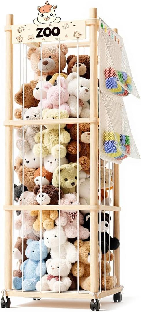 Stuffed Animal Storage Zoo Tower, Wooden Toy Organizer with Wheels, 56inch Large Cute Stuffy Holder & Plushie Storage Bag, Premium Wooden Material For Toddler Rooms, Playrooms & Bedrooms