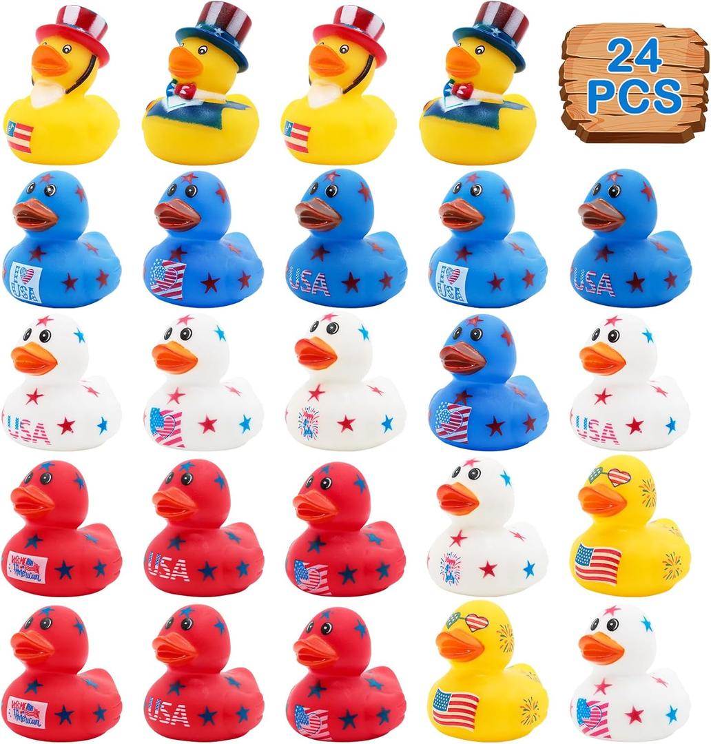 4th of July Rubber Ducks for Jeeps Ducking 24PCS Bulk Fourth of July Party Favors for Kids Bath Toys Pool Floater Patriotic Blue White Red Ducks Independence Day Gifts Boys Girls Baby Showers Favors