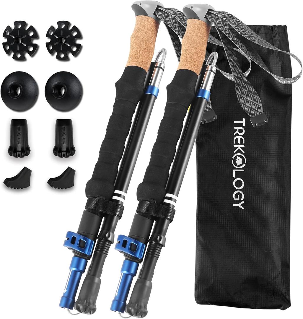 TREKOLOGY Trek-Z Cork Grip Trekking Poles  Lightweight Folding Hiking Poles, Adjustable Height, Compact Travel Design, Aircraft-Grade Aluminum Walking Sticks for Men & Women (Black with Blue)