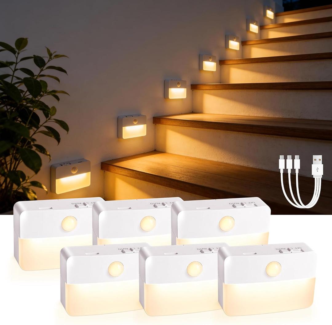 6 Pack Rechargeable Motion Sensor Stair Lights Indoor, Automatic Activated LED Night Light Wireless Battery Powered Portable Hallway Step Toilet Closet Lamp for Bedroom Kitchen