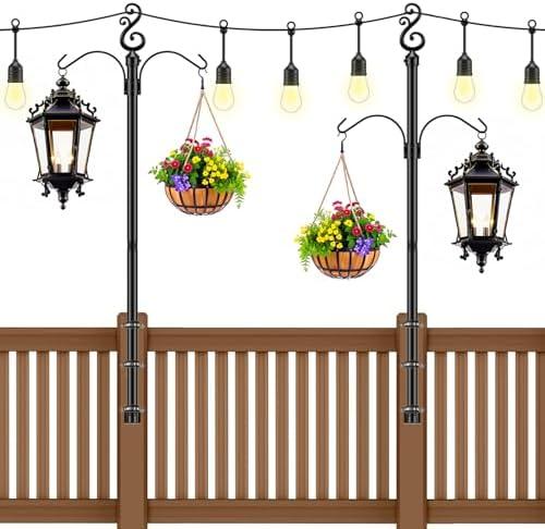 2 Pack String Light Poles for Deck 5Ft Metal Poles Fence/Railing Mount Outdoor Handrail Stand with Hanging Hooks 1" Diameter for Outside Patio Backyard Garden Wedding Party