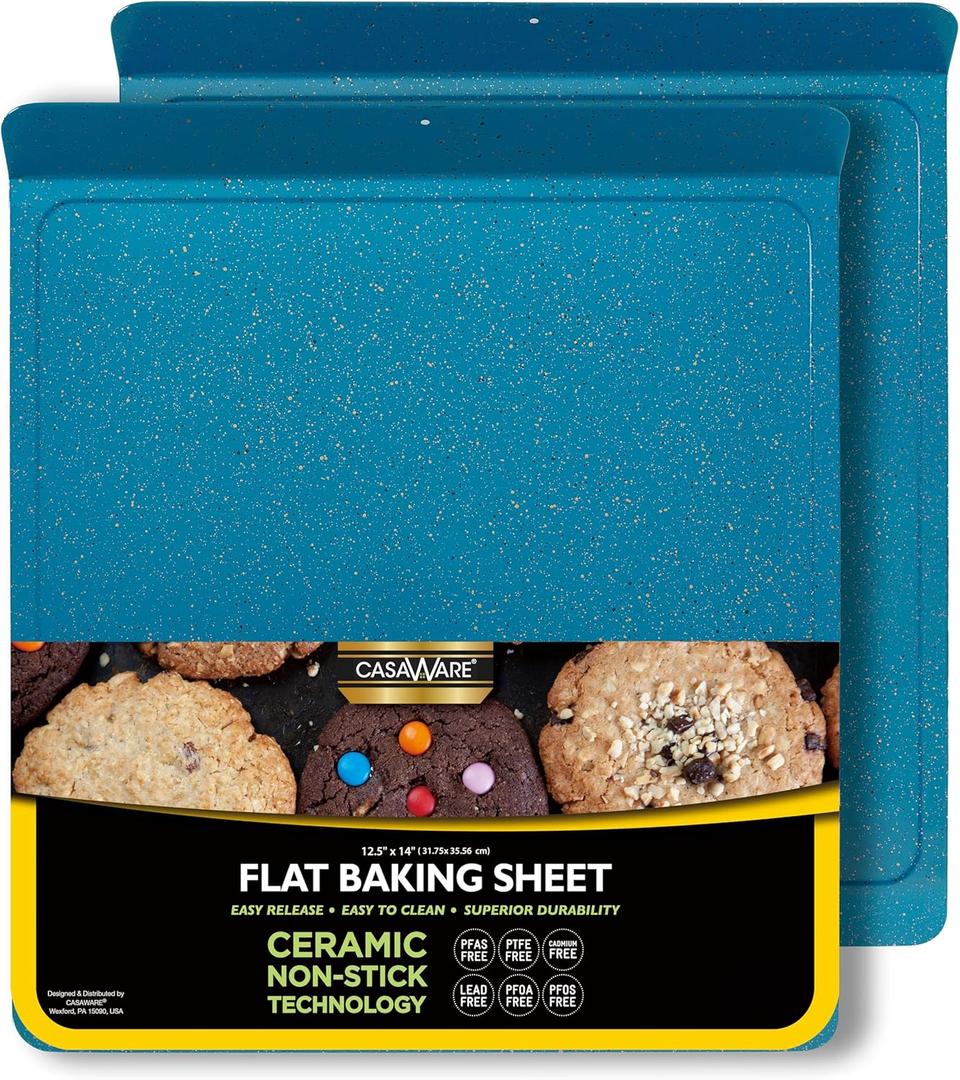 casaWare 2pc Large Flat Baking Cookie Sheet, 12.5 x 14-inch with a 1.5-inch Handle, Ceramic Non-Stick Coating (Blue Granite)