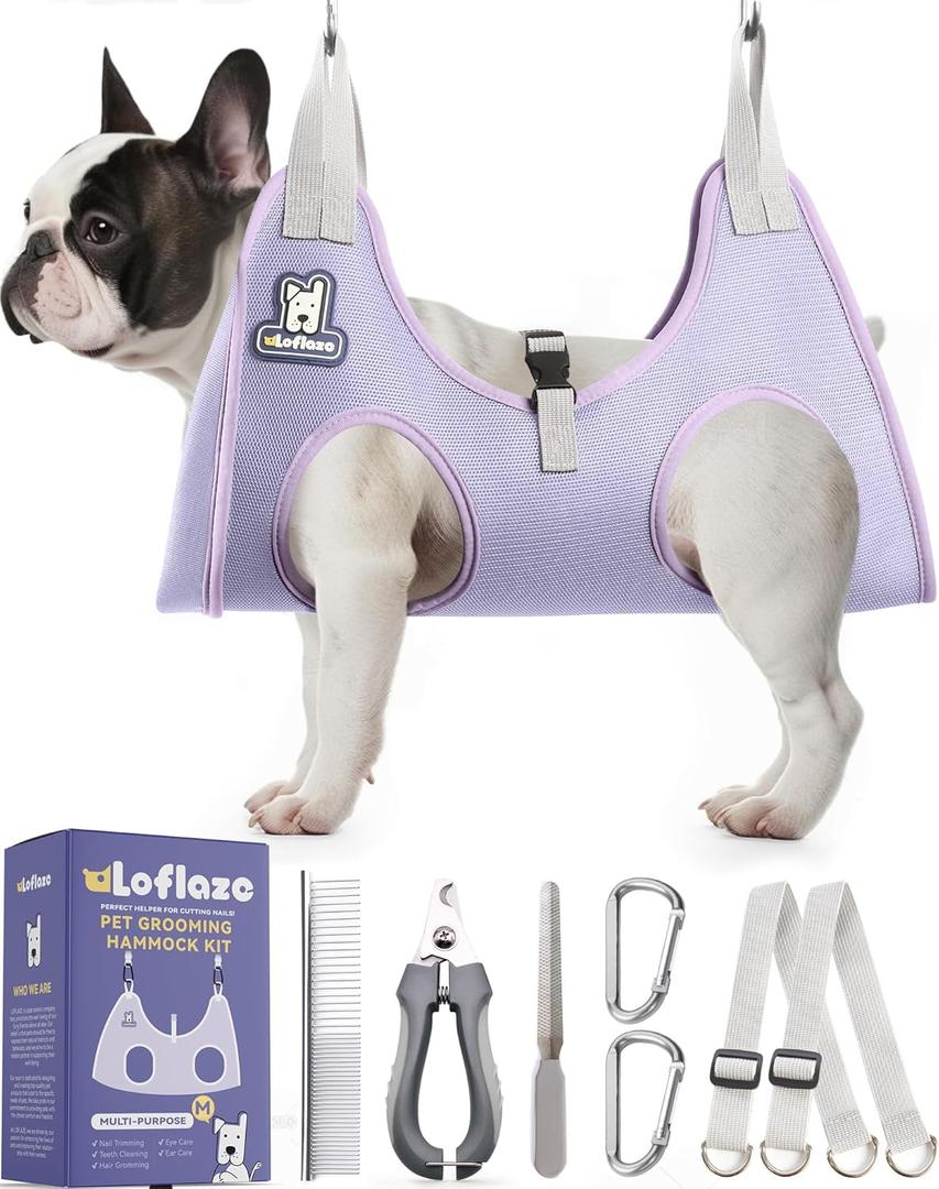 Loflaze Dog Grooming Hammock Harness for Dogs & Cats with Pet Nail Clipper Trimmer - Cat Hanger Sling for Trimming Clipping Nails- Dog Hammock Restraint Bag for Small Medium Large pet  Purple M (M ( Legs Distance : 7-14" / Max W45lb ))