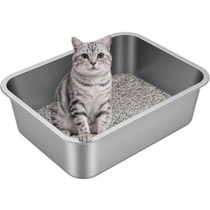 Stainless Steel Litter Box with High Sided, Metal Cat Litter Box, Odor-Free, Non-Stick Litterbox Pan, Easy to Clean Pet Supplies Toilet Tray for Indoor Cats, Kittens or Multicat Homes (16.93"L x 12.99"W x 5.12"H)