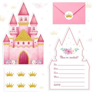 30 Sets Birthday Invitations with Envelopes Stickers Themed Invitations for Girl Boy Birthday Party Supplies Decoration (Pink Castles)
