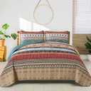 WONGS BEDDING Boho Queen Quilt Set, Green and Brown Bohemian Queen Quilt Bedding Set, Lightweight Microfiber Bed Decor Bedspread for All Season 96"x90"(3 Pieces)