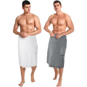 Tudomro 2 Pcs Men's Bath Wrap Towel Large Shower Adjustable Terry Body Spa Towel with Pocket After Shower Wrap for Men Gift Spa College Bath Dorm Room Gym(Grey, White)
