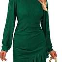 PRETTYGARDEN Women's Spring Fall Ruched Bodycon Mini Dress Long Puff Sleeve Ruffle Fitted Cocktail Party Dresses, Small