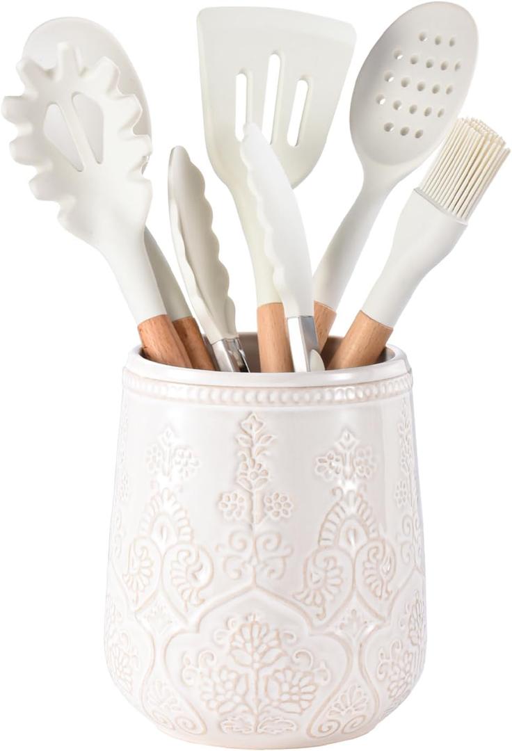 Lunaicorn Utensil Holder, Large Kitchen Utensil Holder for Counter, 6.7Ceramic Cooking Utensils Holder, Kitchen Decor for Counter (White)
