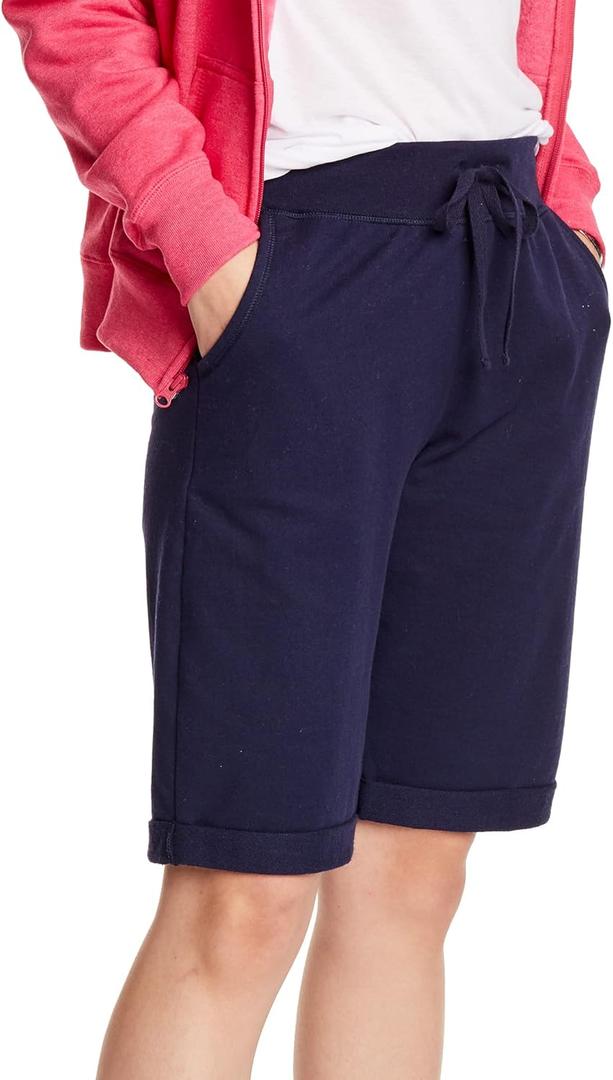Hanes Women's Shorts, French Terry Bermuda Pocket Shorts, Jersey Knit Fleece Shorts, Women's Bermuda Shorts, 11" (Navy)