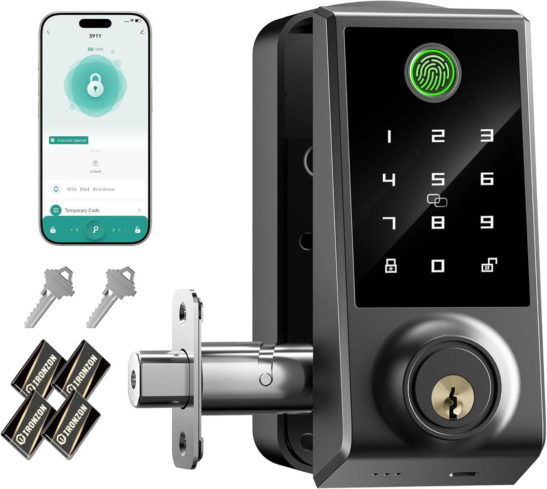 IRONZON Smart Door Lock, 5-in-1 Keypad Deadbolt for Front Door, Keyless Entry Door Lock with App Control, Auto-Lock, Anti-Peeping Password, 4 IC Cards, 15-Min Installation, Black