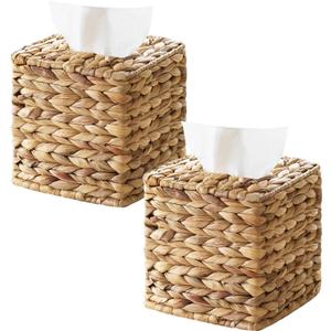 2 Pack Rattan Tissue Box Cover Square, Wicker Tissue Box Holder Facial Tissues Boxes, Hand Woven Square Tissue Box Cover Tissue Holder for Bathroom, Natural