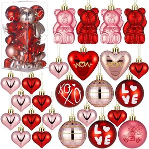 Realspring 40 Pcs Valentine's Day Ornaments Heart Bear Ball Tree Decorations 1.2/2.4/3.4 Inch Red Pink Gold Ornament Valentines Day Decorations for Christmas Tree Party Wedding Anniversary Decor