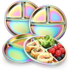 AIEVE Stainless Steel Kids Plates, 4 Pack Round Divided Toddler Plates, Portion Control Plate 9 Inch