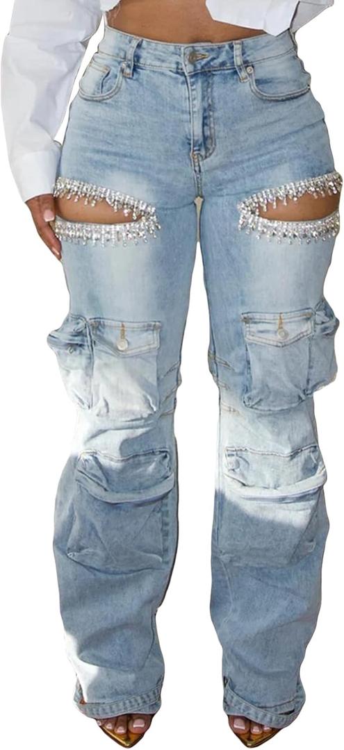 Vakkest Women's Rhinestone Cargo Jeans High Waisted Ripped Distressed Wide Leg Stretchy Denim Pants with Flap Pockets (Large, Blue)