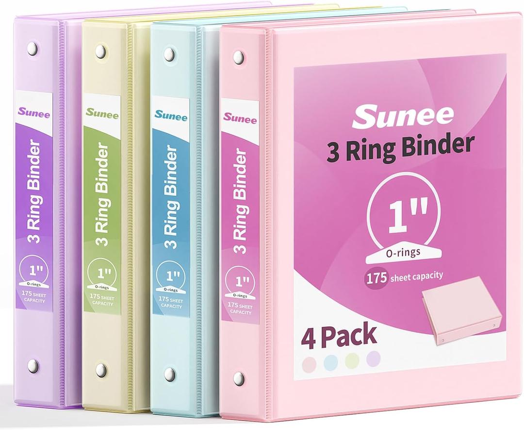 SUNEE 3 Ring Binder 1 Inch 4 Pack, Clear View 1" Binders Three Ring PVC-Free (Fit 8.5x11 Inches) for School or Office Supplies, Assorted Pastel
