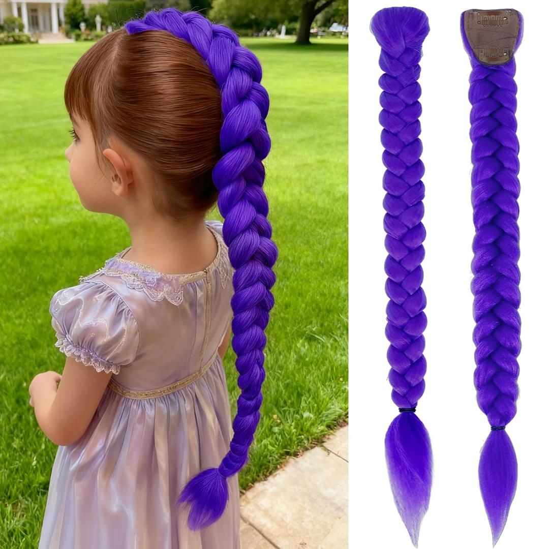 24 Inch Long Purple Braid Ponytail Extensions Pre-Stretched Purple Hair Extensions for Braids Easy Clip-in Ponytail for Teen Cosplay Halloween Costume(24 Inch)