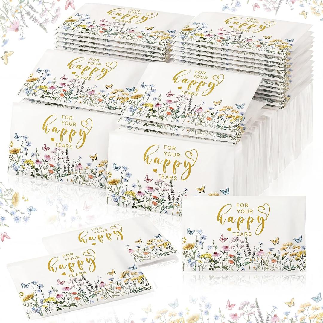 Yinder 60 Bulk Happy Tears Tissue Packs for Wedding 3 Ply Pocket Size Tissues Packs for Guests Facial Individual Wedding Favors Party Supplies Travel Graduation Celebration(Gold Floral)