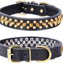 Spiked Studded Dog Collar, Soft Genuine Leather Dog Collar, Adjustable Dog Collars for Small Medium Large Dogs Breeds Pit Bull (S fit Neck 10.5-13", Black)