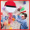 Foldable Red and White Ball Pinata Cartoon Animation Pull String Extendable Piata with Stick Blindfold Confetti for Anime Themed Fiesta Decorations Sports Team Party Video Game Nights Birthday Party