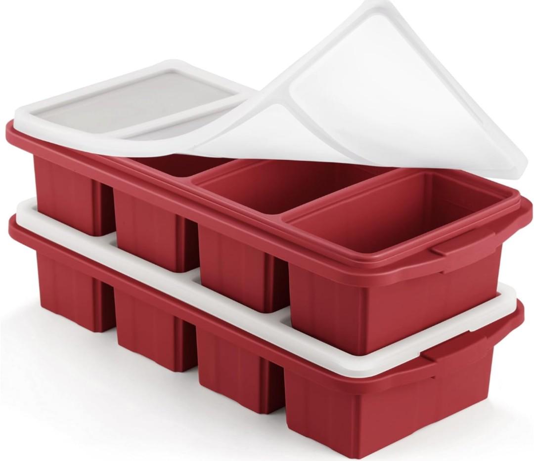 Silicone Freezer Tray With Lid - Silicone Freezer Food Molds- Large Ice Cube Tray,Silicone Freezer Container,Freeze & Store Soup, Sauce, Broth,Leftovers - Makes 4 Perfect 1 Cup
