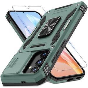 DEERLAMN Case for Samsung Galaxy S24 FE 6.7-Inch with Slide Camera Cover+Screen Protector(1 Pack), Rotated Ring Kickstand Military Grade Shockproof Protective Cover-Green