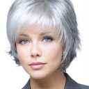TISHINING Short Gray Pixie cut Wigs for White Women with Bangs Mixed Grey Layered Natural Wavy Synthetic Hair Replacement Wig for Daily Life