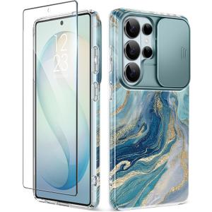 GVIEWIN for Samsung Galaxy S26 Ultra Case with Slide Camera Cover, [Screen Protector] [Shockproof Military Grade Drop Protection] Marble Slim Fit Hard PC Phone Cover S26 Ultra 6.9" 2026 (Chrysocolla)