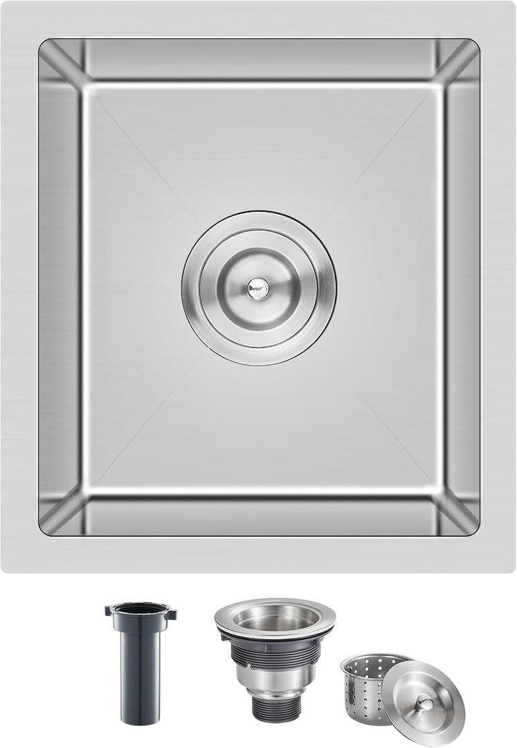 15x13 Inch Undermount Bar Sink, Handmade 304 Stainless Steel Kitchen Sink, R10 Corner, 8" Deep Single Bowl, for Small Kitchen, Bar, RV Sink