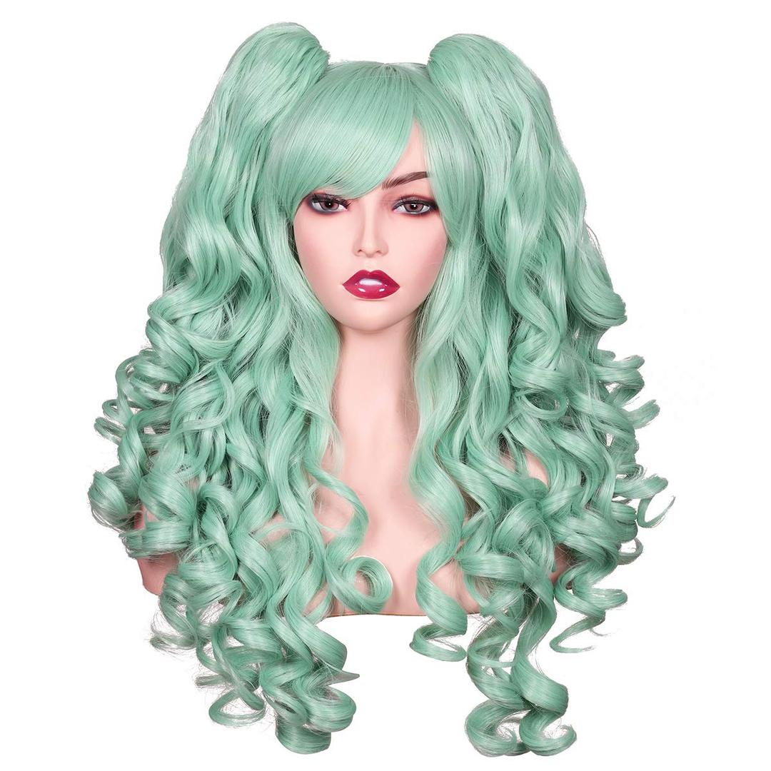 ColorGround Long Curly Cosplay Wig with 2 Ponytails (Mint Green)