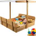 Wooden Sandbox with Lid, Kids Sandbox with Canopy Outdoor, Sandboxes with Covers Foldable Bench Seats for Backyard, UV-Resistant & Adjustable Height Roof, Gift for Ages 2-8 (47x47in)