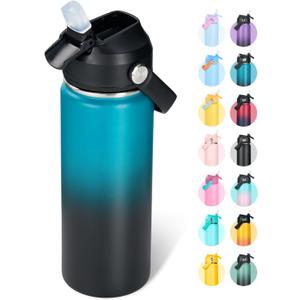 Fijinhom 18oz Insulated Stainless Steel Water Bottle, Wide Mouth Double Wall Vacuum, Silicone Straw, Sweat & Leak Proof, BPA Free Insulated Water Flask for Travel, Keep Cold 24h Hot 12h, Blue