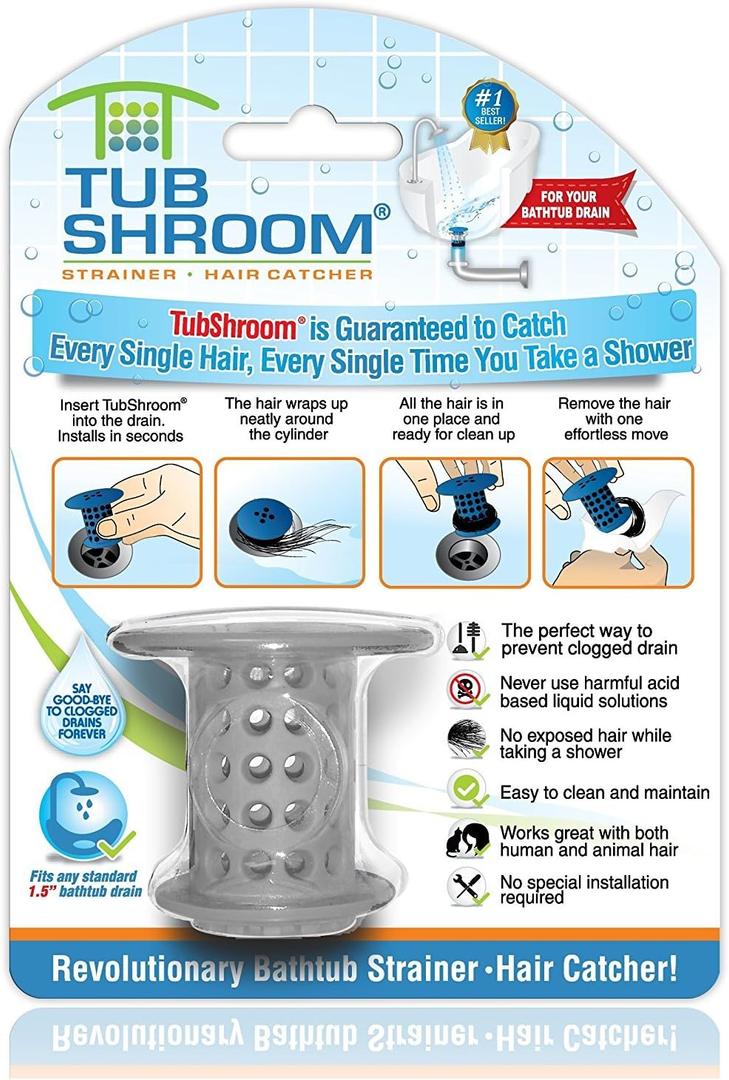 TubShroom Tub Hair Catcher Protector, Fits 1.5" - 1.75" Drain, Gray