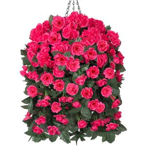 Artificial Geraniums Faux Hanging Plants Flowers Basket for Outdoors, Fake Silk Geraniums Vines in Planter UV Resistant Look Real Spring Summer Outdoor Decorations for Outside Yard Patio, Hotpink