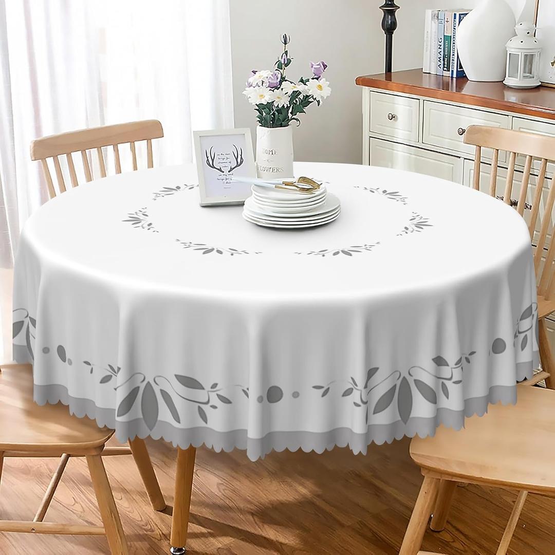 TTQYFNM White Grey Round Tablecloth 54 Inch Minimalism Grey Leaves Bordered Farmhouse Circle Table Cloth Waterproof and Stain Resistant Fabric Table Cover for Kitchen Dining Room Patio Home Decor