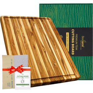 BEEFURNI Teak Wood Cutting Board with Juice Groove Hand Grip (XL, 24x18x1.5"), Extra Large Cutting Boards for Kitchen, Butcher Block, Serving & Charcuterie Board, Christmas Gift Box