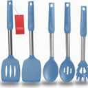 Silicone Spatula and Cooking Spoon,5 Pack Solid & Slotted Spoons and Spatulas Silicone Heat resitant for Kitchen, Stainless Steel Handle Coated with Silicone, Non Stick Utensil, Starry blue (Starry blue)
