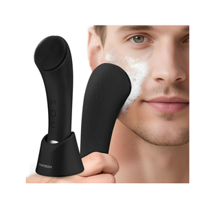 PRITECH Facial Cleansing Brush, Rechargeable Silicone Face Scrubber with Heat Massage End, Vibrating Exfoliator Scrubber for Deep Cleaning, Waterproof Face Brush for Women and Men, Black